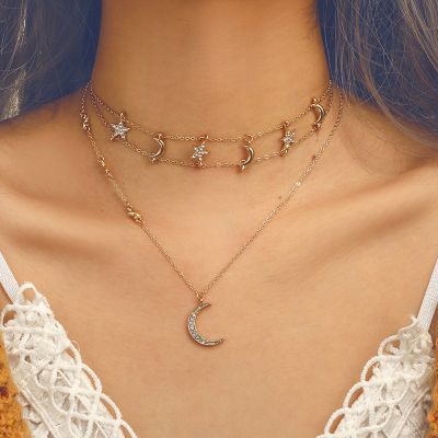 Star&Moon Choker Necklace Layered Necklace Chain in Gold