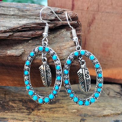 Turquoise Oval Feather Drop Earrings for Beach