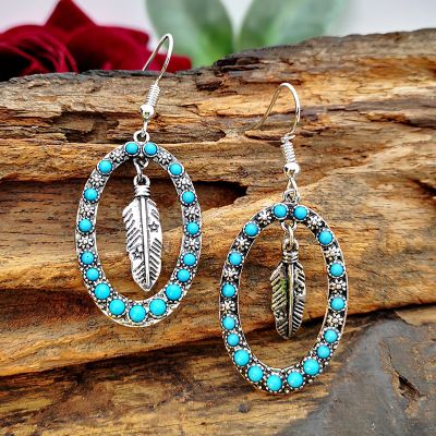 Turquoise Oval Feather Drop Earrings for Beach
