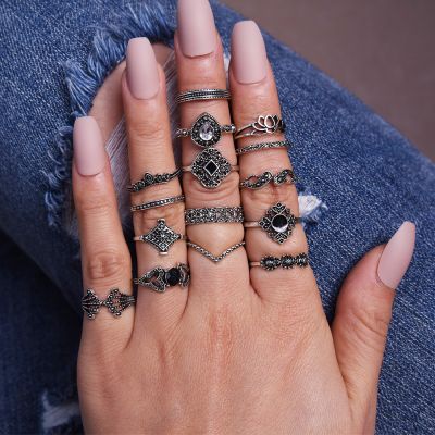 Vintage 15 Pcs Silver Ring Set Hollow Out Flower Midi Ring Layering Rings