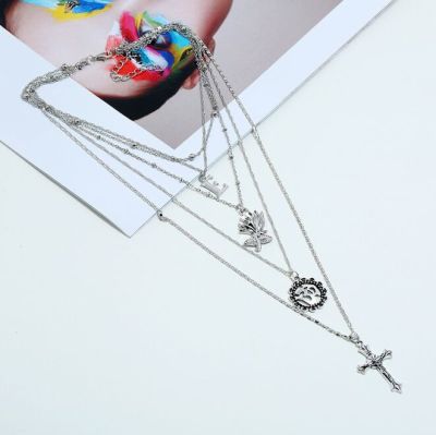 Vintage Cross Rose Drop Layer Necklace Bikini Necklace in Silver