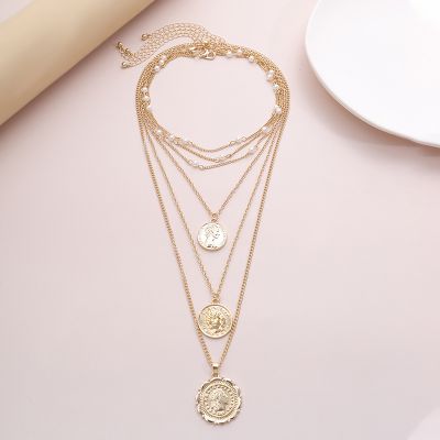 Vintage Embossed Coin Pendants Pearl Layer Necklace