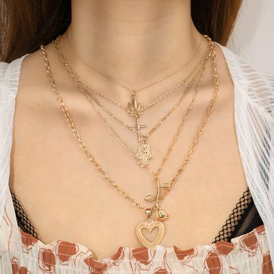 Vintage Multilayer Necklace Chain Cross&Flower Pendants Gold Necklace