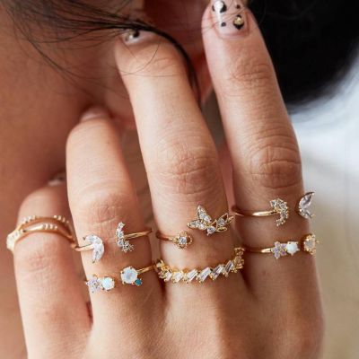 Vintage Rhinestone Butterfly Open Ring Layer Midi Ring Set 7 PC