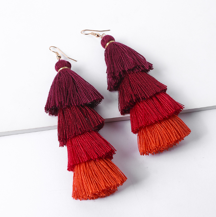 Red Tassel Earrings for Women, Colorful Layered Tassle 3 Tier Bohemian  Earrings