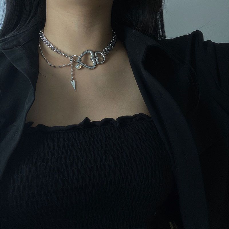 Goth Vintage Y2K Aesthetic Pink Crystal Heart Pendant Chain Necklace For  Korean Fashion Women Wedding EMO Jewelry Accessories