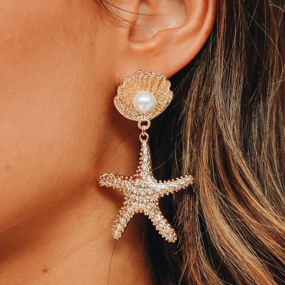Shell Stud Starfish Drop Earring Gold Plated Boho Earrings
