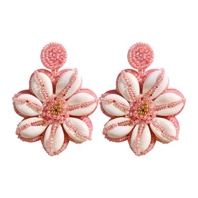Flower Beaded Shell Dangle Earrings Bohemian Statement Earring