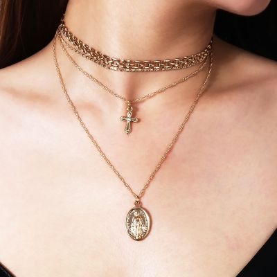Vintage Multi-layer Chain Cross Madonna Necklace for Beach
