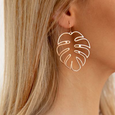 Gold Palm Leaf Dangle Drop Earrings for Beach in Gold