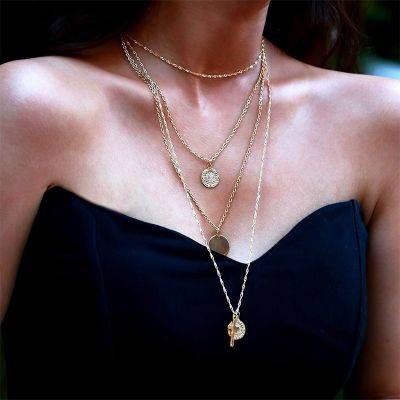 Gold Bohemia Cross Coins Pendant Multilayer Necklace Chain