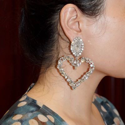 Fashion Women Crystal Rhinestone Ear Clip Heart Round Drop Dangle Stud Earrings