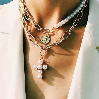 Boho Pearl Shell Chunky Chain Choker Layer Necklace for Beach