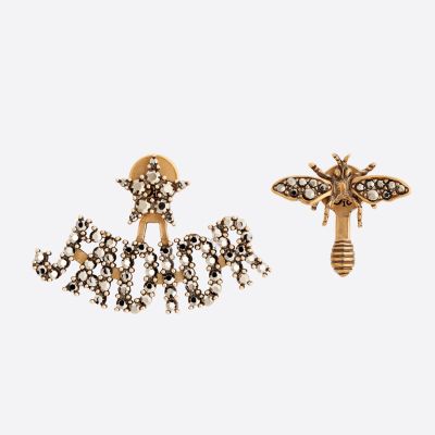 Brass Bee Star Crystal Mismatched Stud Earrings