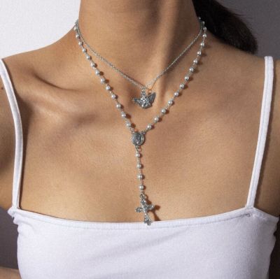 Cross&Angle Pendants Pearl Necklace Vintage Chain Necklace