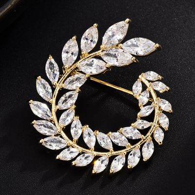 Cubic Zircon Classic Leaf Woman Brooches Collar Pin