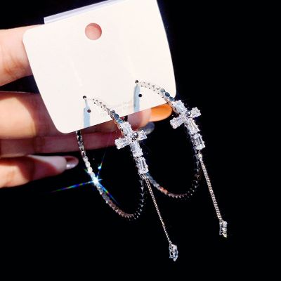 Cubic Zircon Cross Charm Big Hoop Earrings with S925 Pin