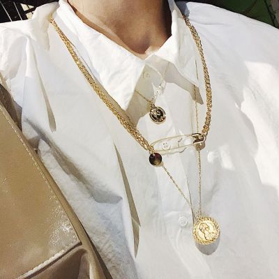 Fashion Coin Pin Pendants Layer Necklace Chain
