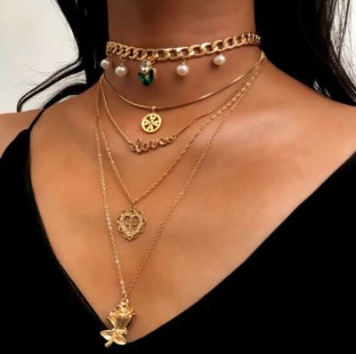 Gold Cross Rose Pendants Chunky Choker Multilayer Necklace 