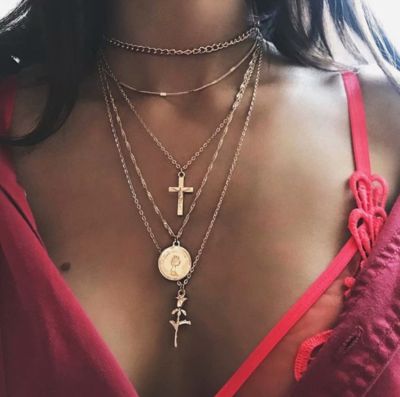 Gold Layering Necklace Vintage Cross Coin Pendants Chain Necklace