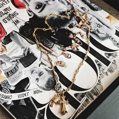 Gold Punk Cross Pendants Necklace and Cross Drop Earrings Set