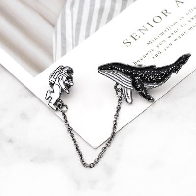Metal Spaceman and Whale Collar Pin Chain Brooch