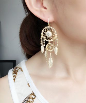 Plating Gold Zirconia Dream Catcher Trees Drop Earring 1Piece as Gifts