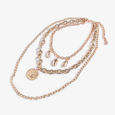 Shells and Coin Pendants Multi-layered Chunky Chain Necklace