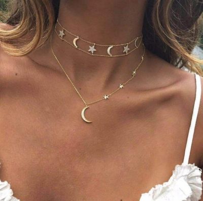 Star&Moon Choker Necklace Layered Necklace Chain in Gold