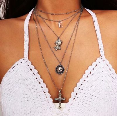 Vintage Cross Rose Drop Layer Necklace Bikini Necklace in Silver